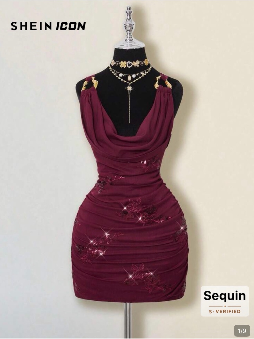 SHEIN Burgundy Floral Embroidered Mini Dress